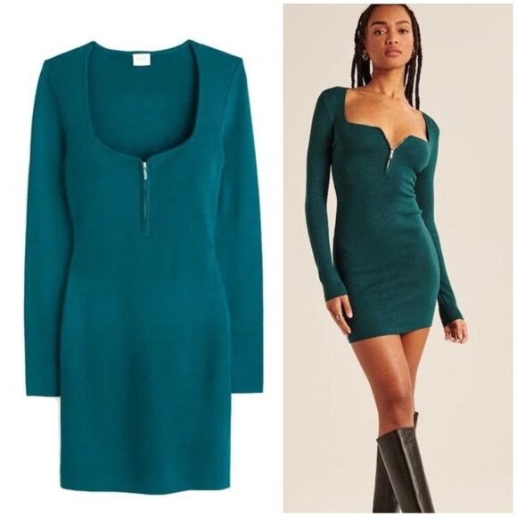 NWOT Abercrombie & Fitch Knit Mini Dress Long Sleeve Front Zip in Teal size SP - Picture 2 of 12